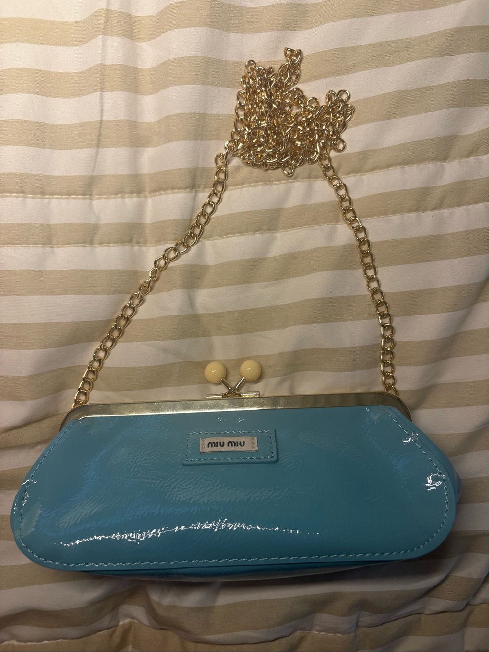 Miu Miu Glossy Turquoise Patent Leather Mini Shoulder Bag with Gold Chain